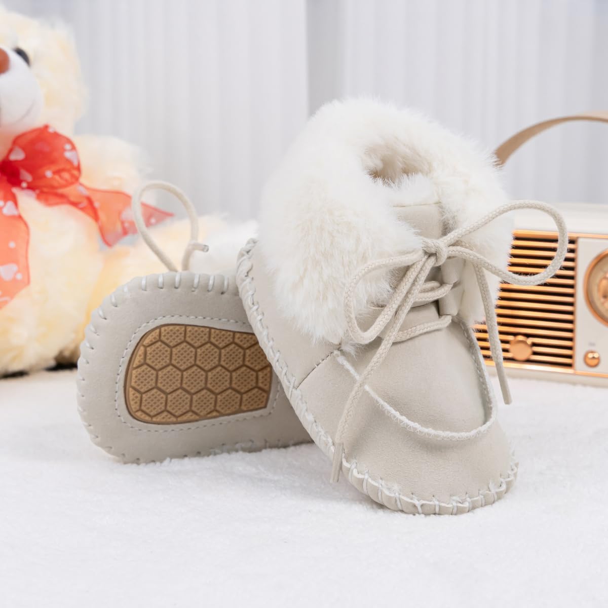 HsdsBebe Детские ботиночки на щиколотку для мальчиков и девочек, флисовые пинетки с противоскользящей резиновой подошвой, кроссовки для малышей, обувь для новорожденных для ходьбы и сна, C3421/Beige — фото 3