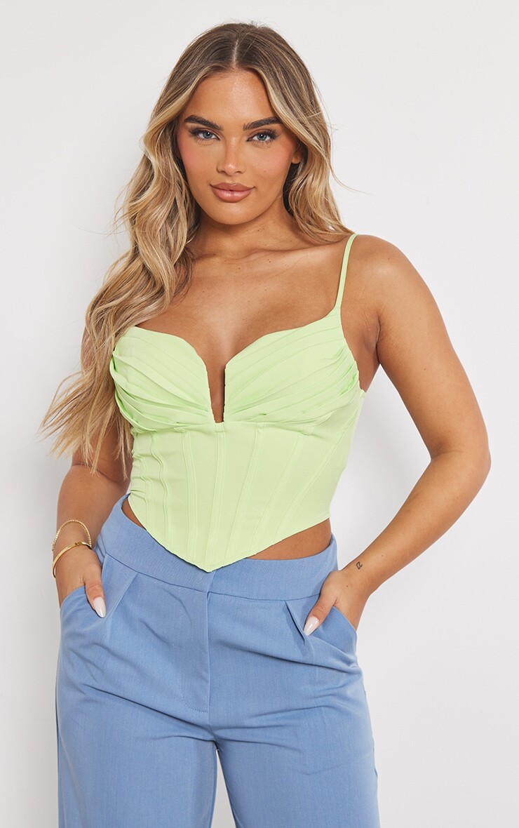 

PrettyLittleThing Укороченный топ с плиссированным корсетом и бретелями лаймового цвета