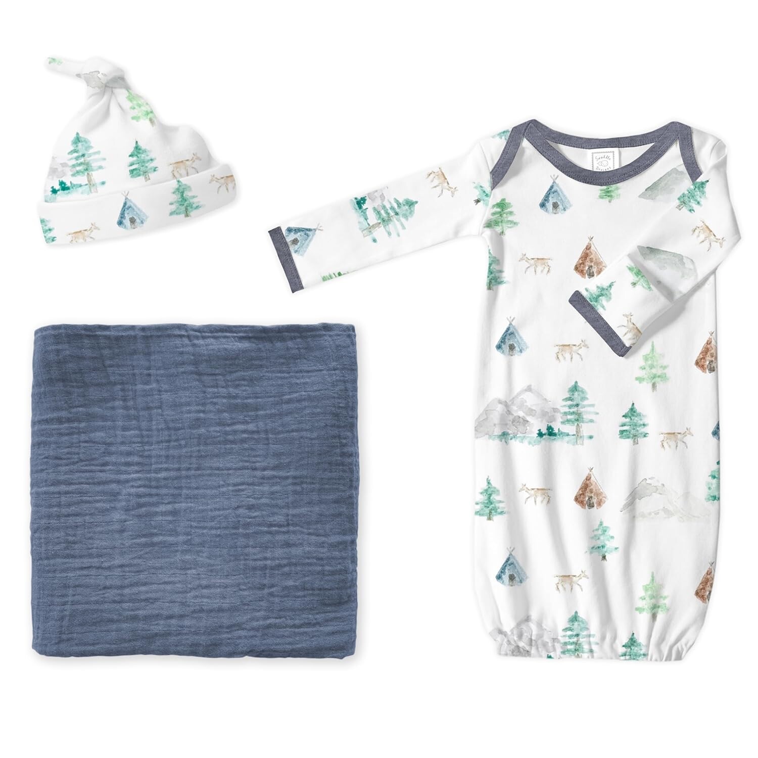 

Подарочный набор для ребенка «Swaddle Designs», джинсовое муслиновое одеяло для пеленания, шапочка для новорожденного «Акварельные горы и деревья» и пижамное платье с манжетами в виде варежек, мягчайший хлопок SwaddleDesigns