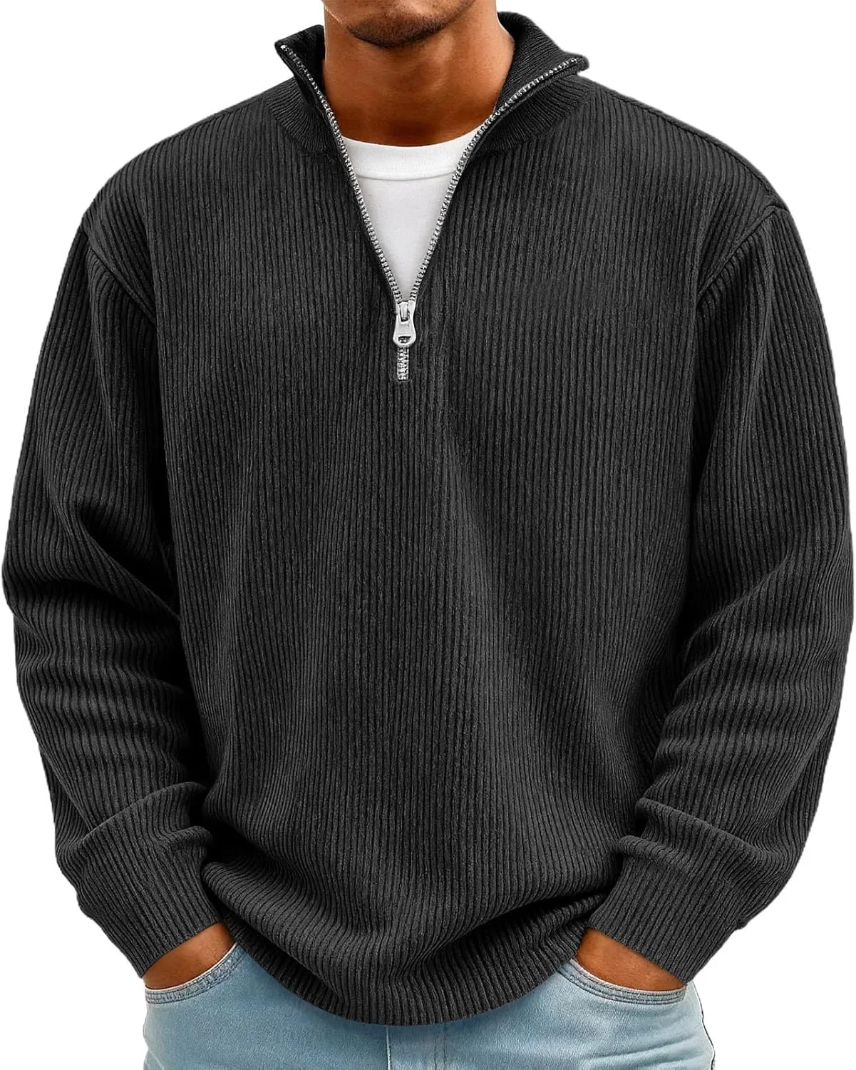 

Мужской свитер с полузастежкой — теплый, с длинными рукавами и воротником-стойкой