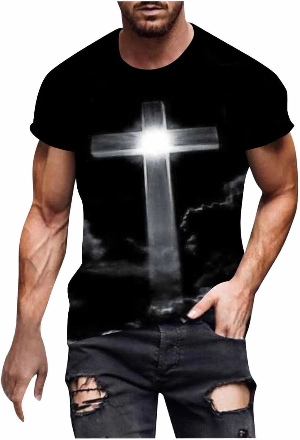 Футболка с принтом, Jesus Cross, мужская, серая