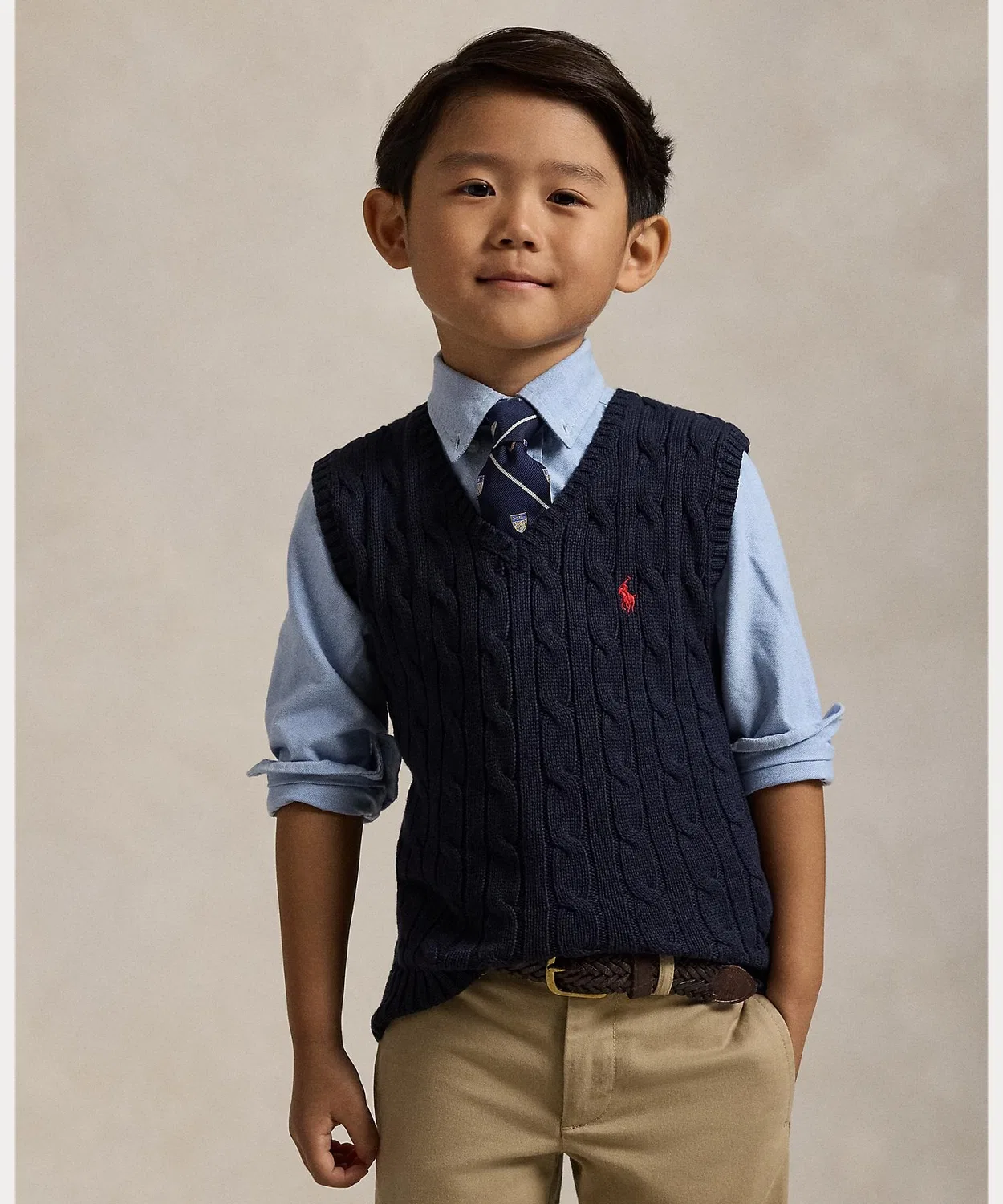 Детский жилет-свитер из хлопка с косами Polo Ralph Lauren, тёмно-синий