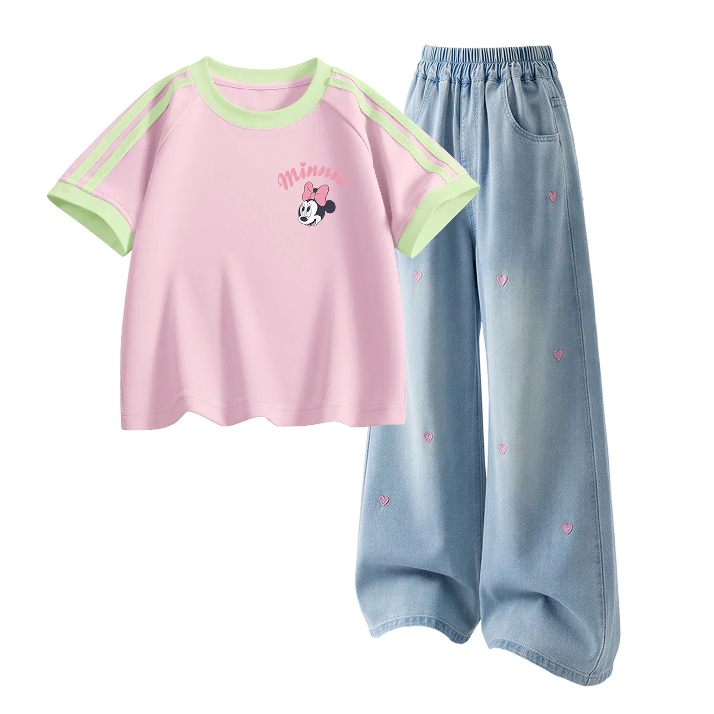 Детская повседневная спортивная футболка с круглым вырезом Disney, Di Smiling Nude Mousse Pink+Solid Color Denim Light Blue — фото 3