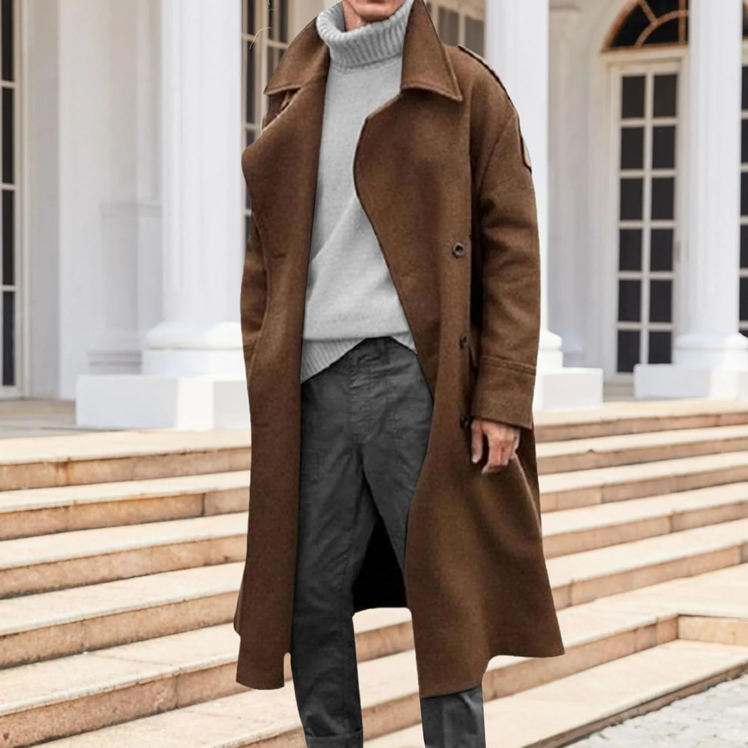 Мужское шерстяное двубортное длинное пальто Casual из хлопковой смеси классическое зимнее пальто для делового стиля Generic, коричневый — фото 3