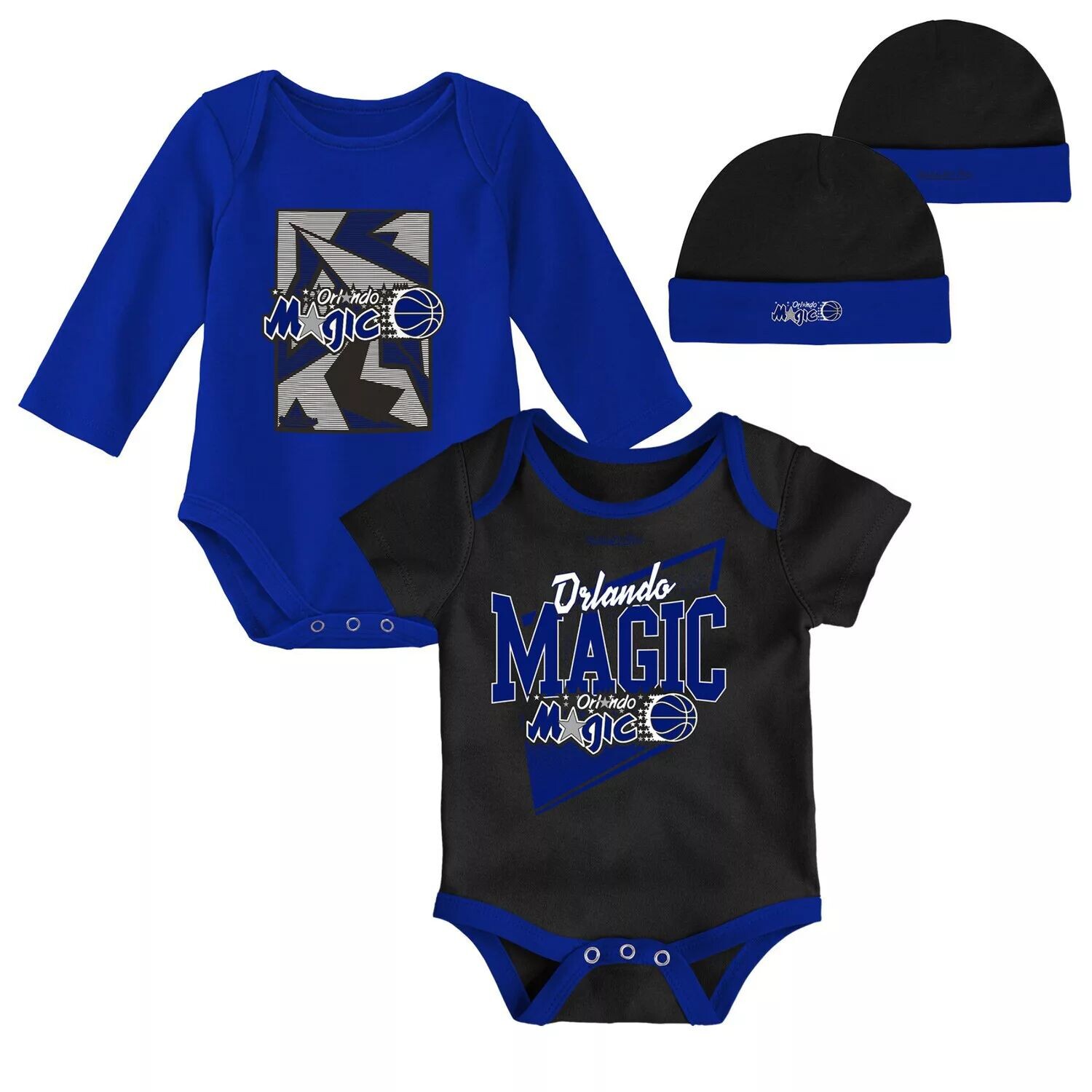 

Для новорожденных и младенцев Mitchell & Ness черный/синий Orlando Magic классические боди из трех предметов из твердой древесины и комплект вязаной шапки с манжетами Unbranded