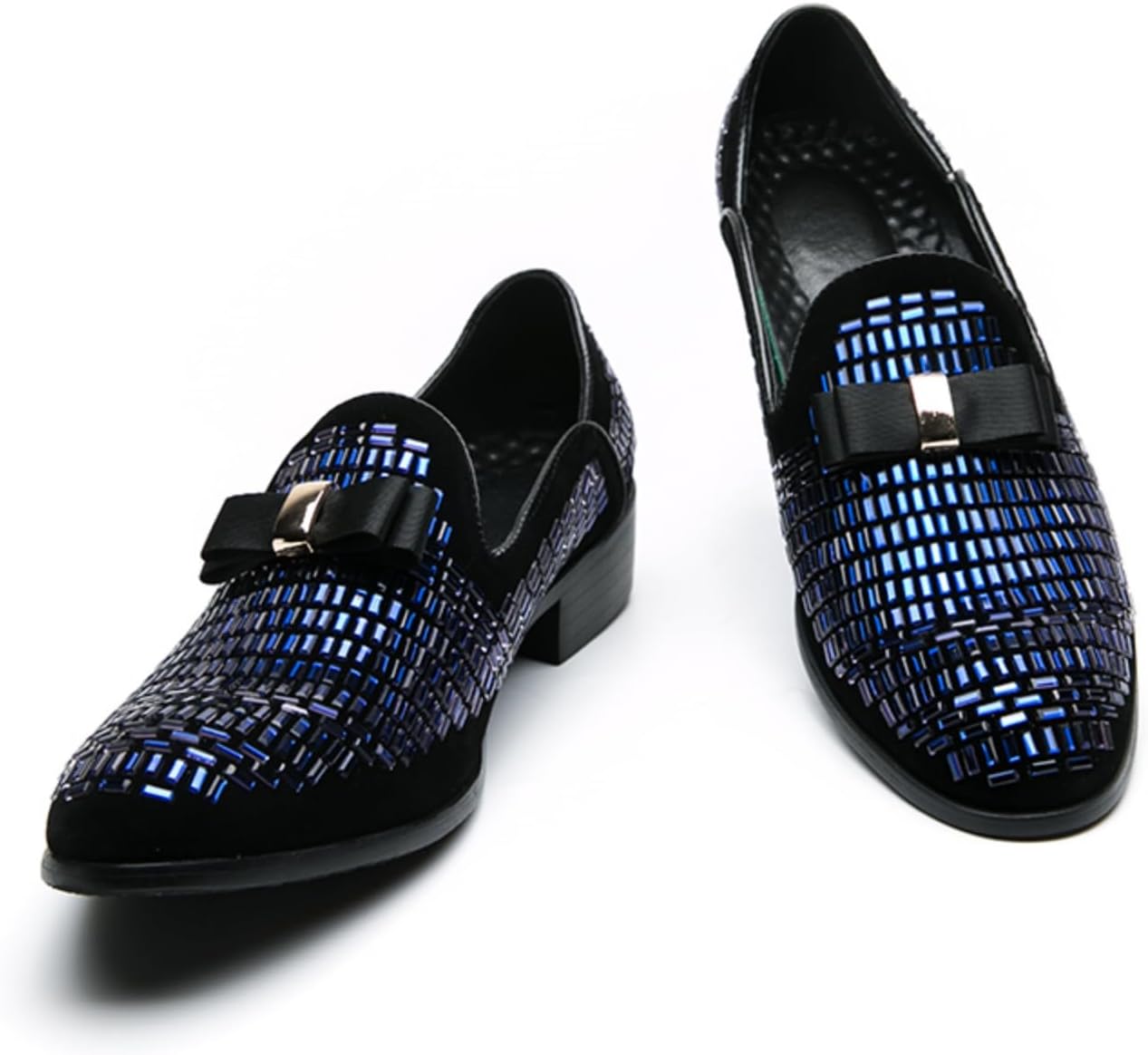 

Мужские кожаные лоферы с стразами и бантом - официальная обувь для банкета, выпускного, свадьбы, мероприятий с смокингом, без шнурков Khwfjas, синий