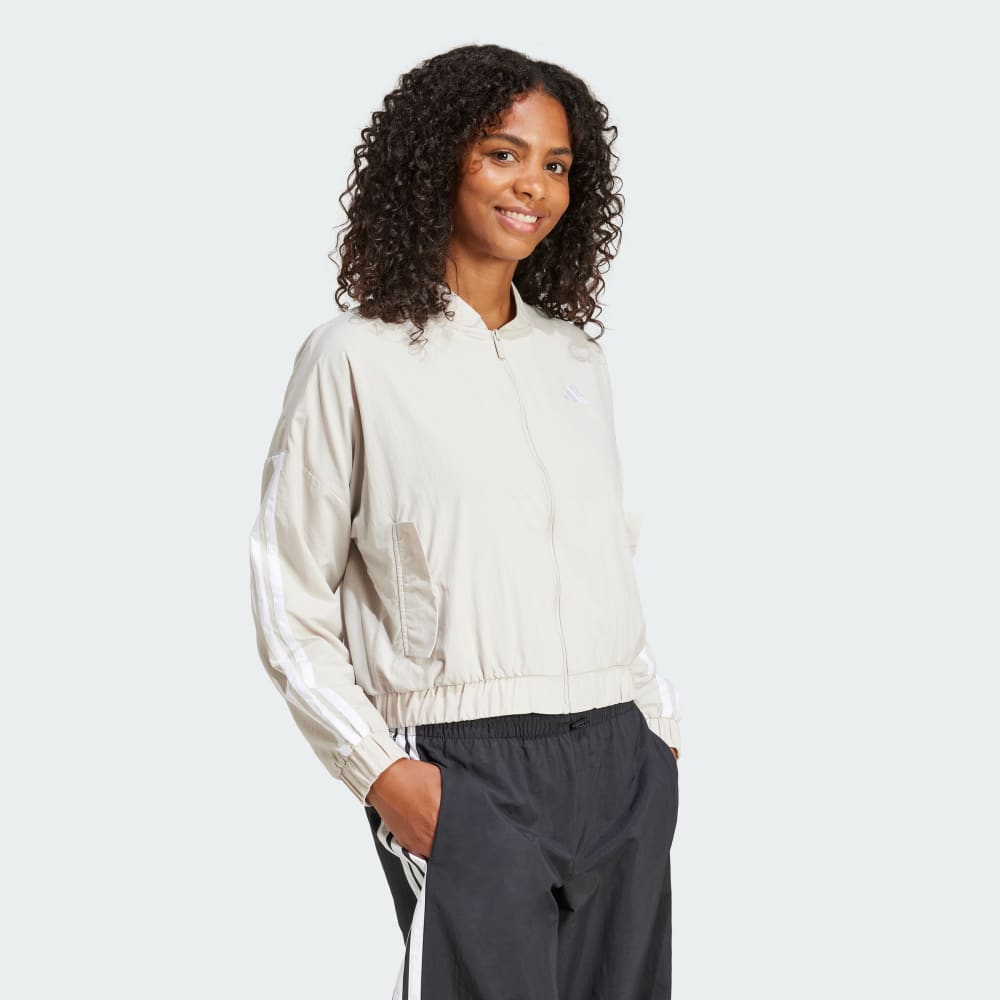 Бомбер Adidas Essentials 3-Stripes Lifestyle Woven Bomber Jacket, цвет Beige/White — фото 3