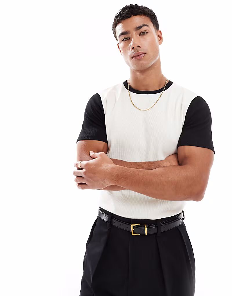 

Футболка ASOS DESIGN muscle rib с контрастными рукавами кремового цвета