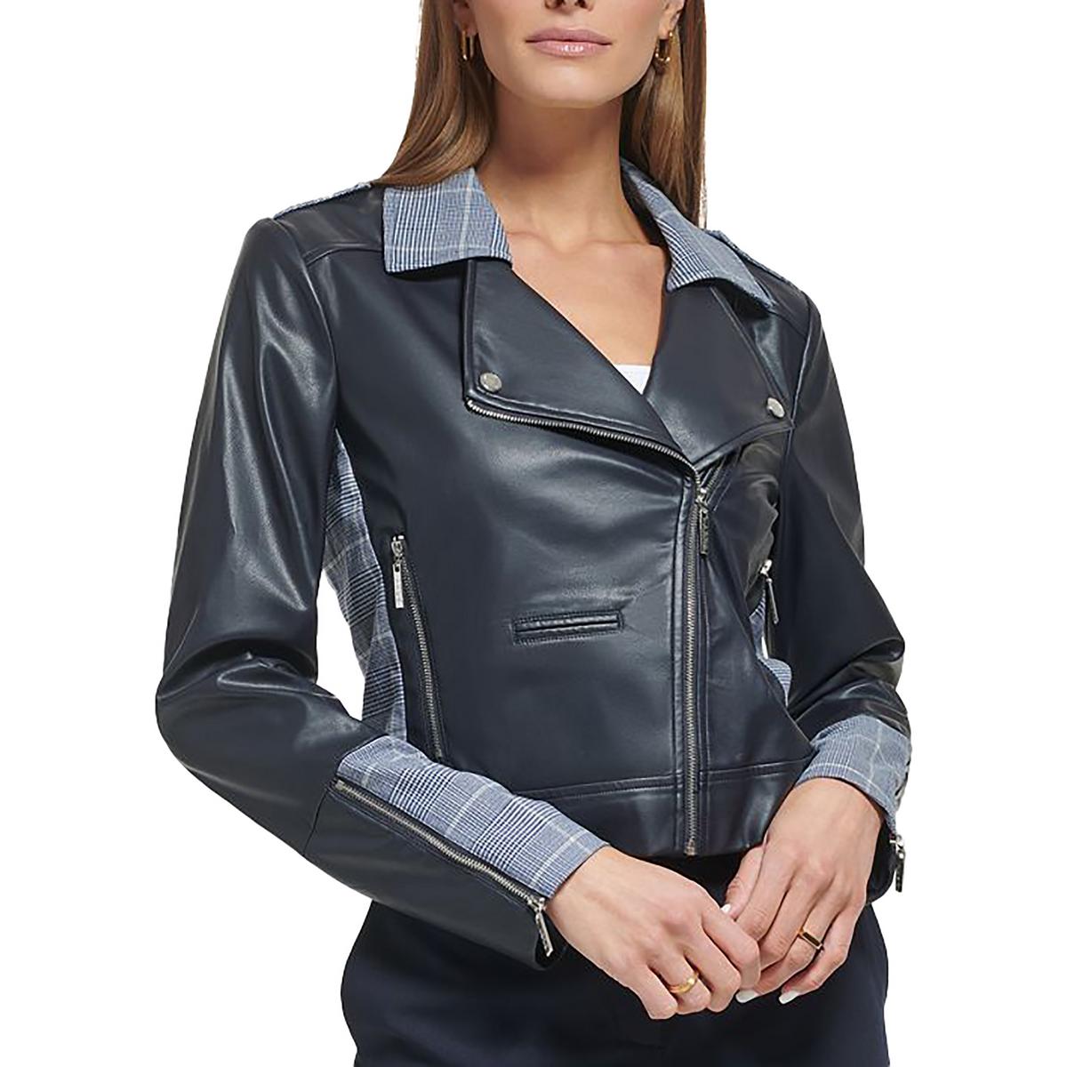 

Женская куртка из искусственной кожи с клетчатой ​​отделкой DKNY, темно-синий