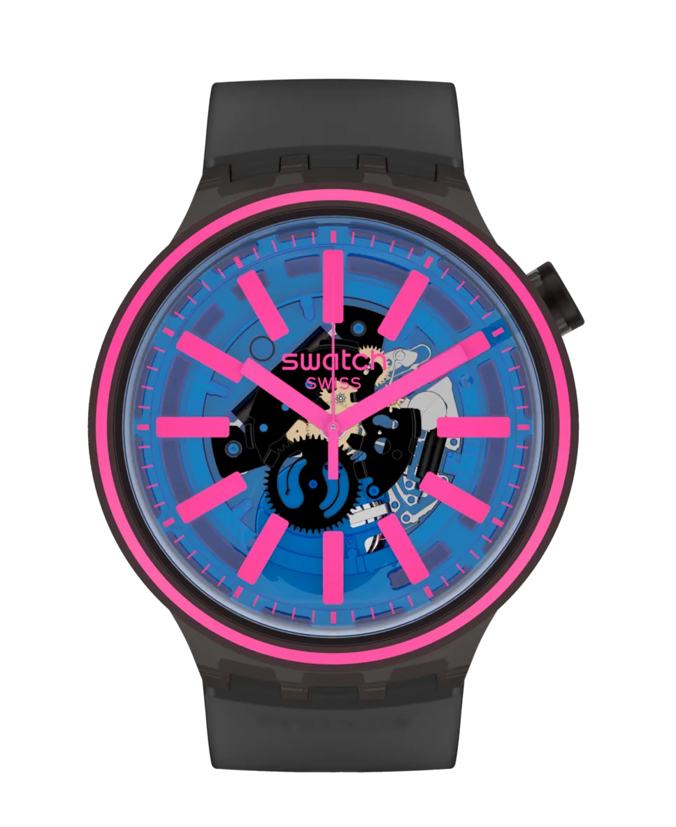 

Часы синего цвета с черным силиконовым ремешком Swatch, черный