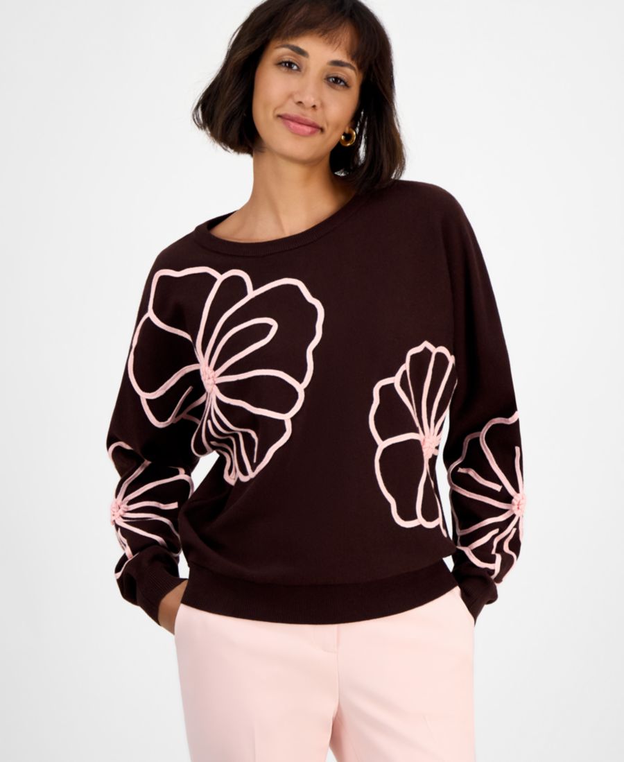 

Женский свитер с длинными рукавами и цветочной вышивкой T Tahari, Espresso Bean