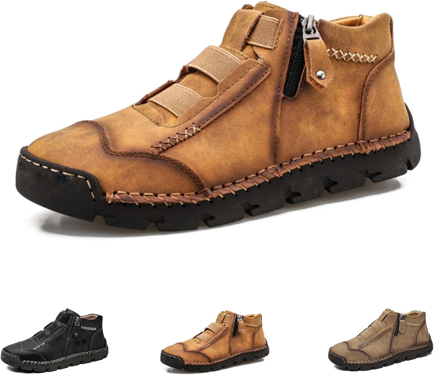 

Мужские кожаные водонепроницаемые ортопедические лоферы без шнурков, противоскользящие, модные, с широкой носочной частью, повседневные прогулочные туфли на плоской подошве с боковой молнией Generic, желтый