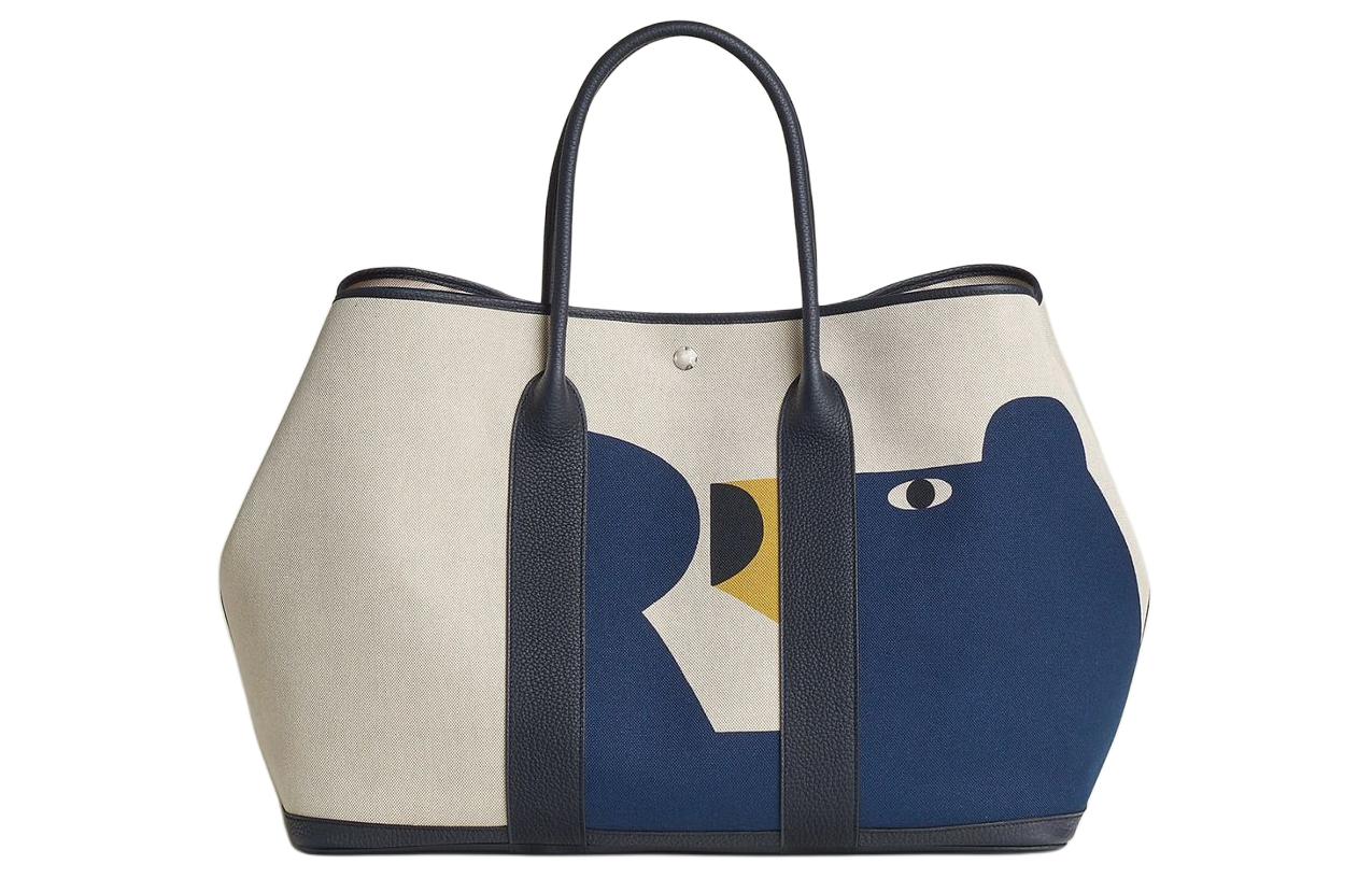 

HERMES Женская садовая сумка Garden Party H Plume Canvas с телячьей кожей Negonda, бежевая, разноцветная и синяя