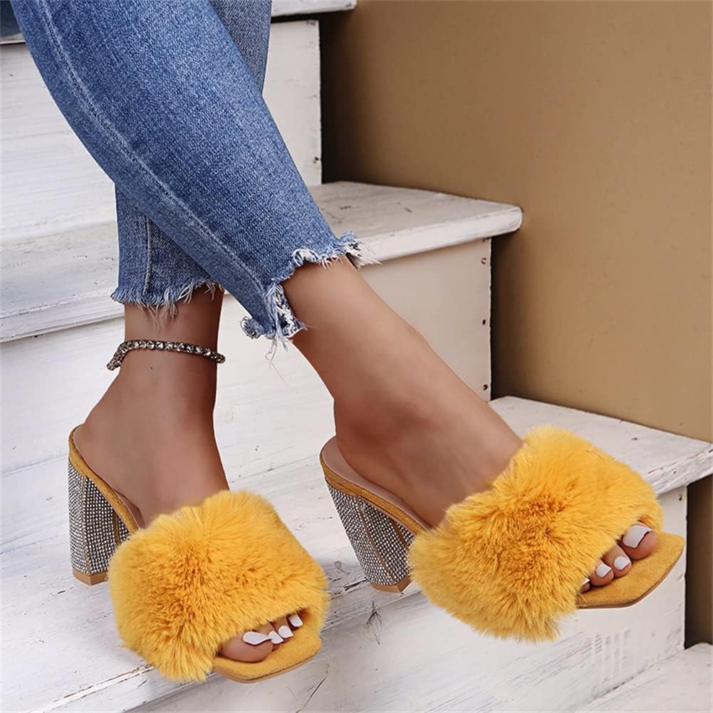 HOTRA Women Fluffy Chunky Heel Slippers with Rhinestone Open Toe Slip On Сандалии Shoes (Color : Rose Red, Size : 12 US), желтый — фото 2