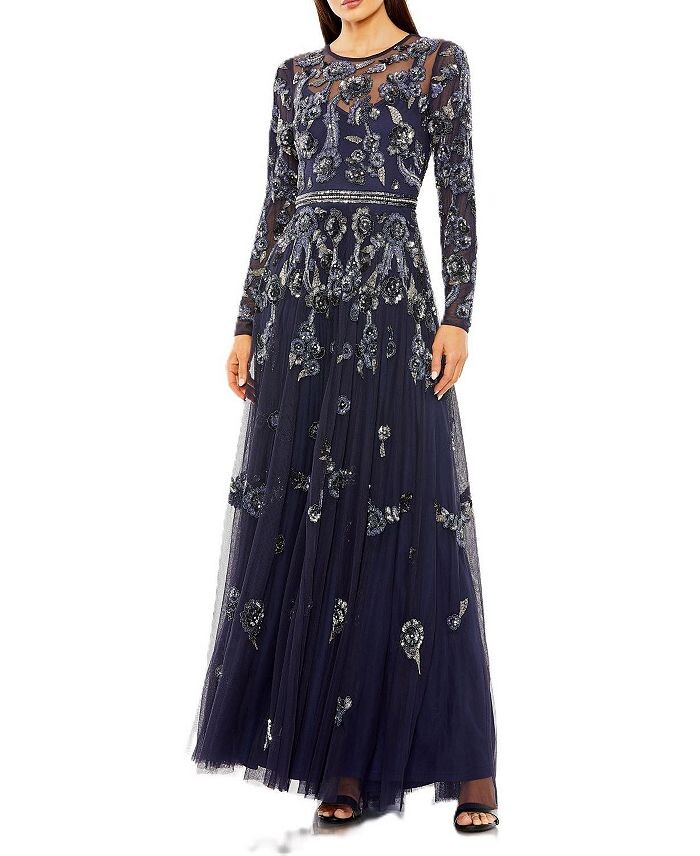 

Mac Duggal Сетчатое платье трапециевидной формы с длинными рукавами и высоким воротником и цветочным принтом из бисера, синий