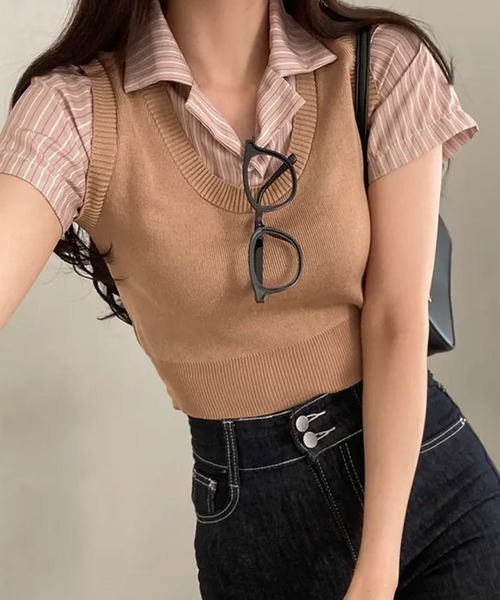 

Топ с коротким рукавом, многослойный, в стиле жилета и рубашки NANAHACHI, бежевый