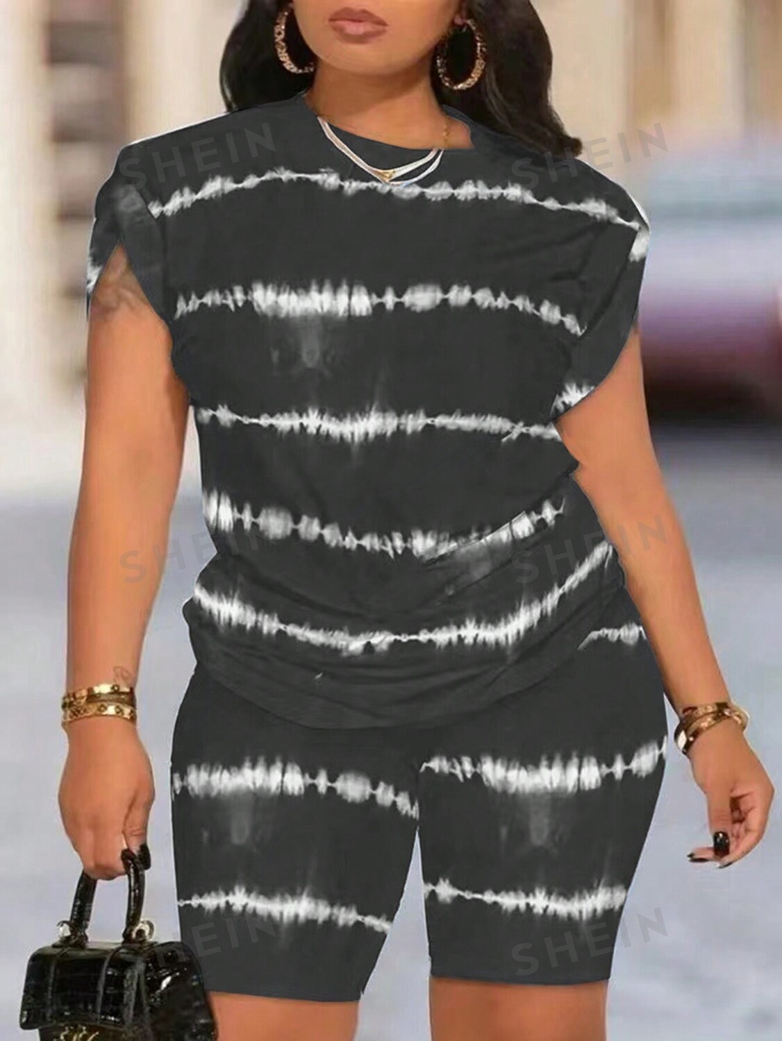 

Топ и шорты Shein Slayr Tie Dyed с короткими рукавами, серый