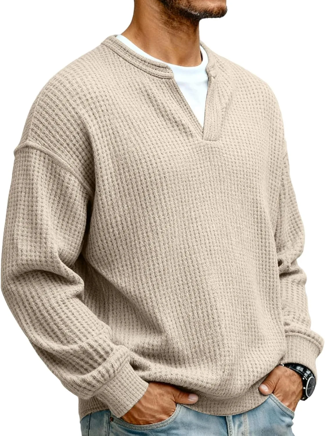 

Мужской свитер с вафельной текстурой, длинным рукавом и V-образным вырезом IAJDKMEK