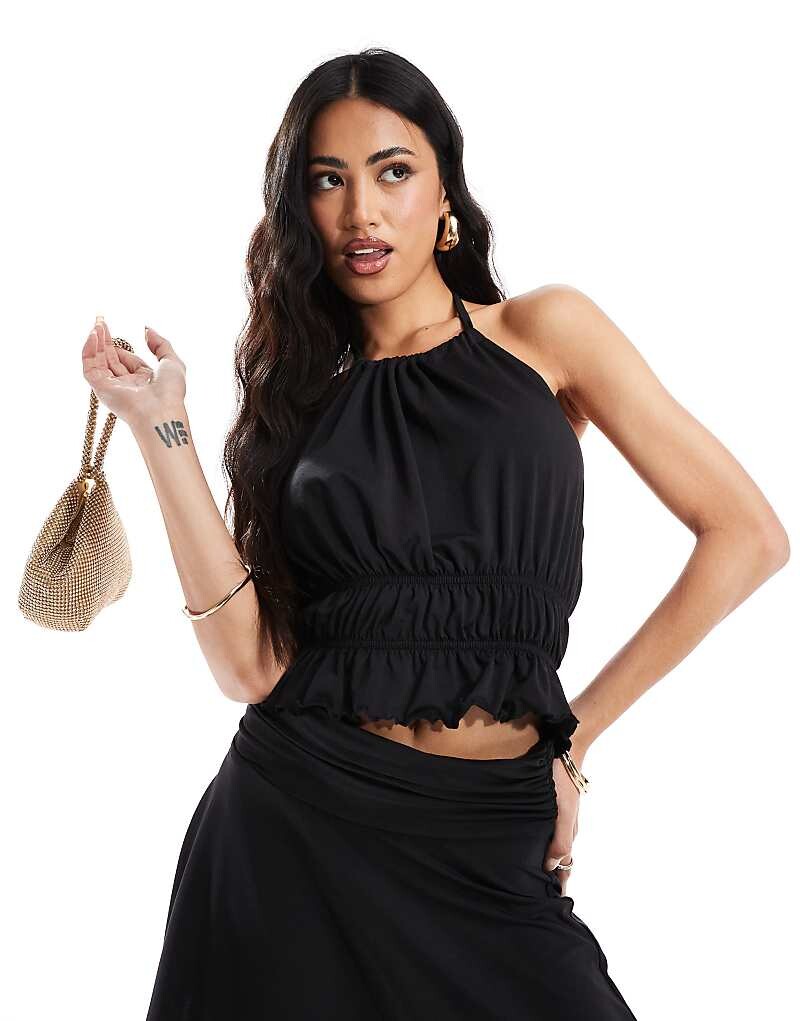 

ASOS DESIGN - Черный топ с воротником-бретелькой и рюшами, часть комплекта