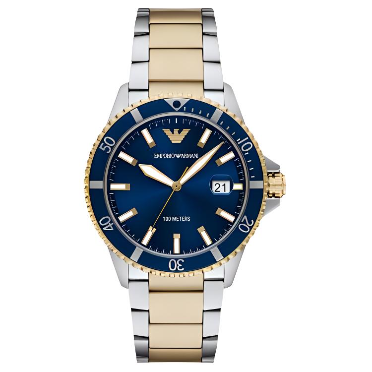 

EMPORIO ARMANI Часы World Explorer Three Hand Date Two Tone Stainless Steel Watch, Blue Dial