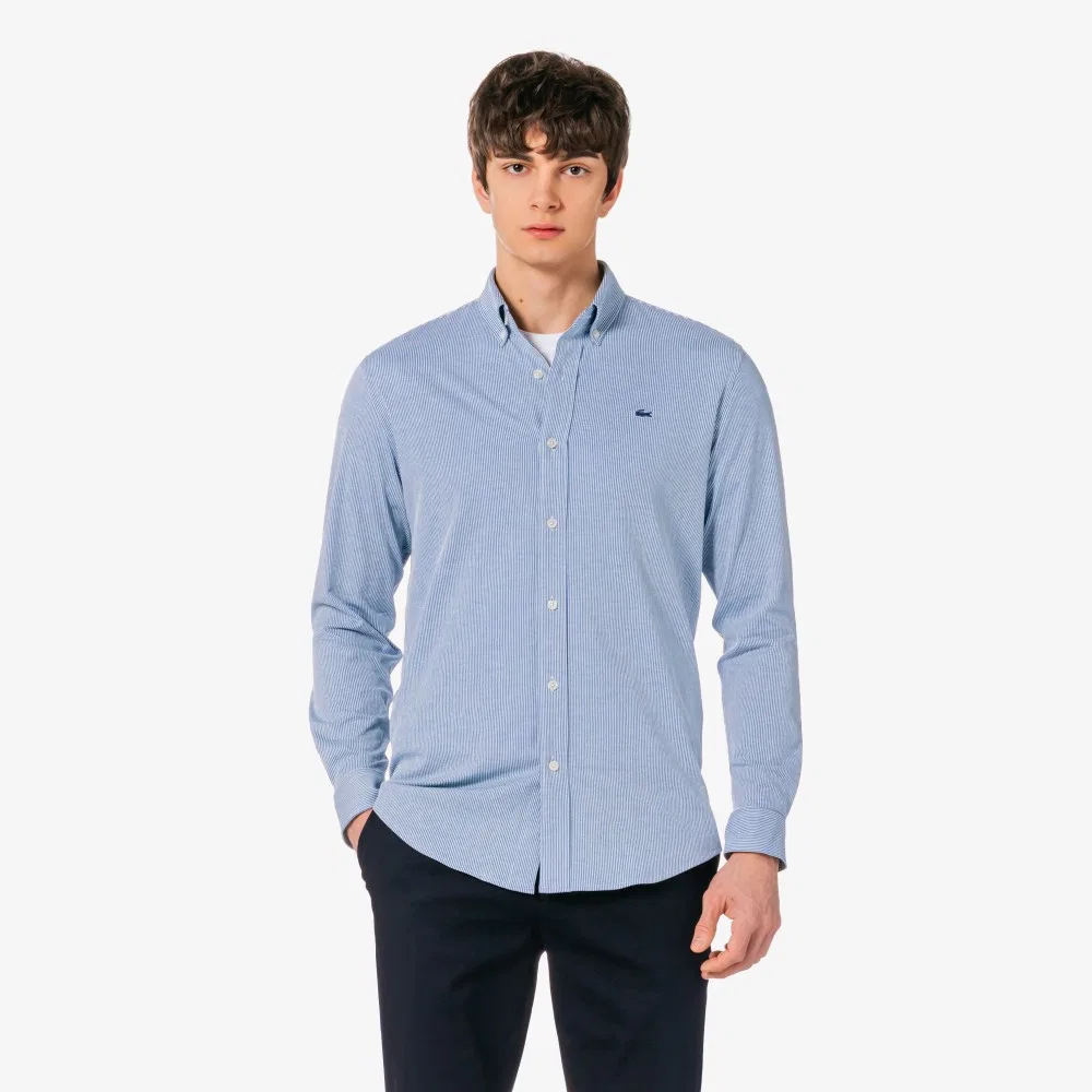 Мужская полосатая рубашка из джерси тёмно-синяя от Lacoste — фото 4