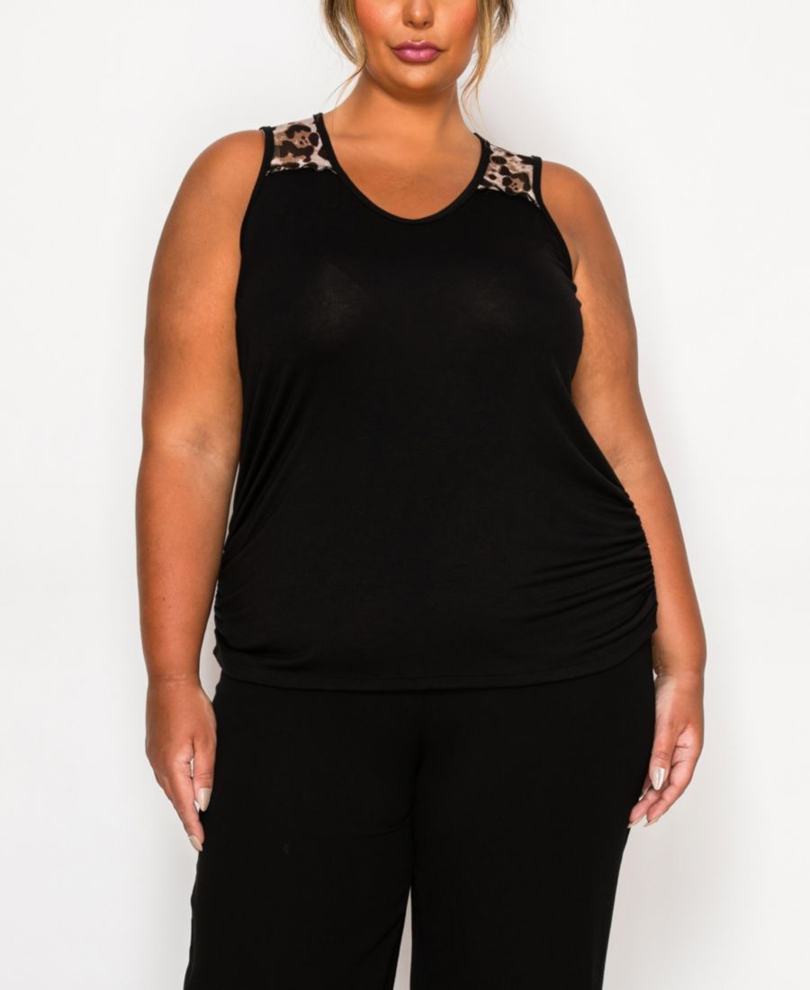 

Топ-майка большого размера с леопардовым принтом, сетчатой кокеткой и боковыми сборками COIN 1804, Black