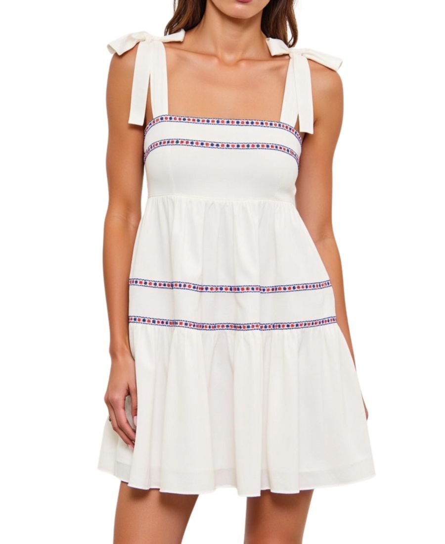 

Женское мини-платье без рукавов с многослойной вышивкой Modenaire, White