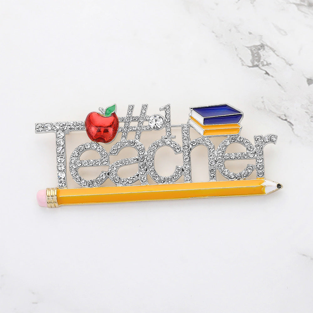 

Брошь-булавка "Учитель" с каменной кладкой и цифрой 1 Fashnzfab, Clear, Rhodium