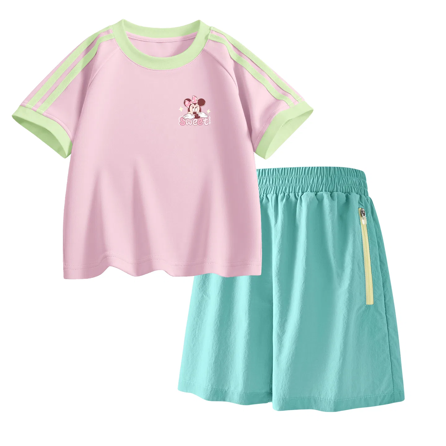 Детская повседневная спортивная футболка с круглым вырезом Disney, Deloloni Mousse Powder+Solid Color Mint Green