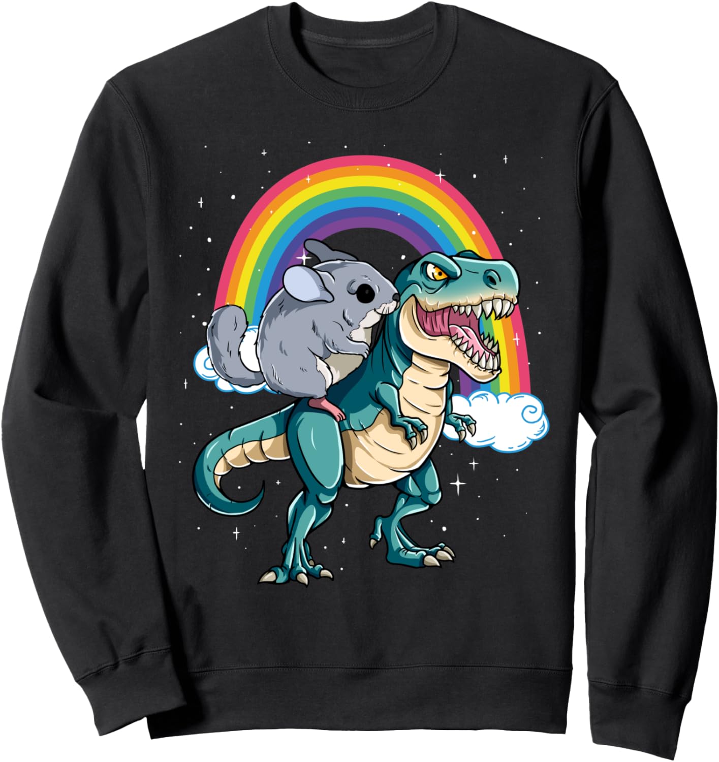 

Толстовка с изображением динозавра Тираннозавра Рекса и радужных облаков, блестящих на ощупь Check Out My Chinchilla Shirts, черный