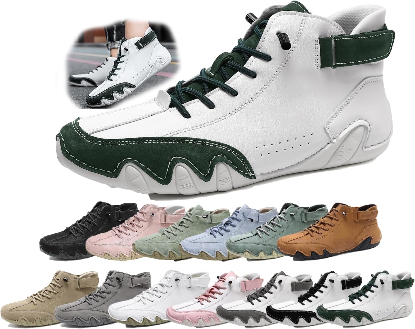 

Мужские ортопедические замшевые ботинки высокого верха - ручная работа, водонепроницаемые, легкие, противоскользящие кроссовки для прогулок и вождения Generic, белый/зеленый