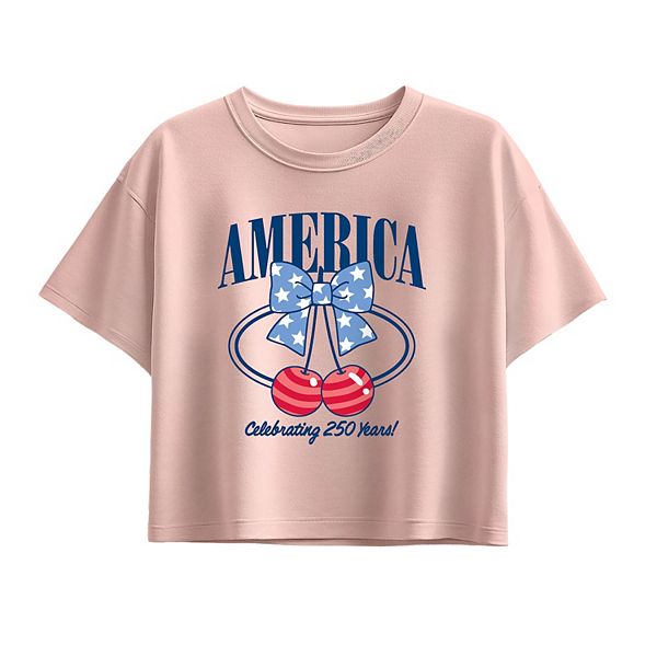 

Футболка Boxy для девочек 7-16 America 250 Bow & Cherries Licensed Character, Light Pink