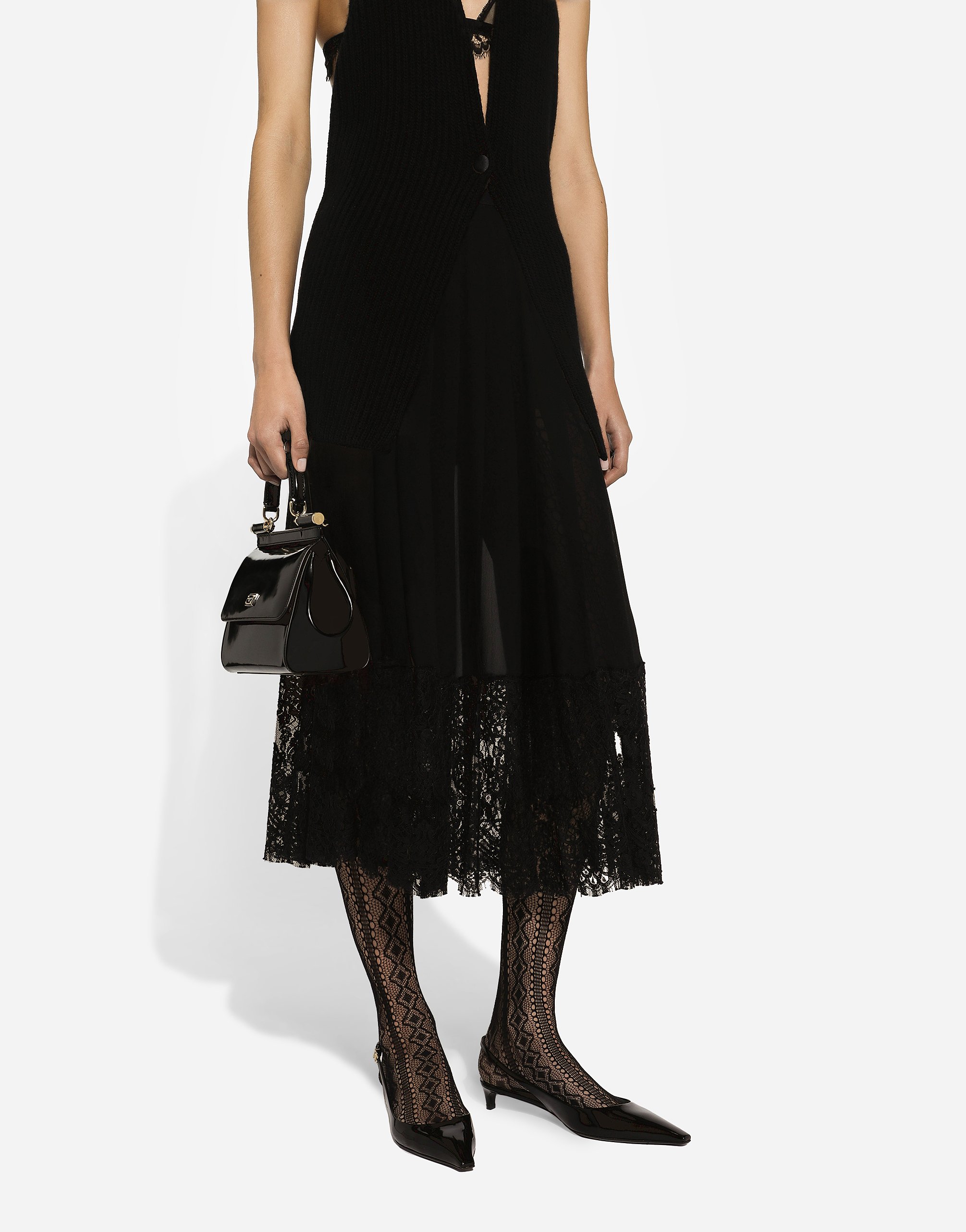 Длинная юбка из жатого шифона с кружевной отделкой Dolce & Gabbana, черный — фото 4