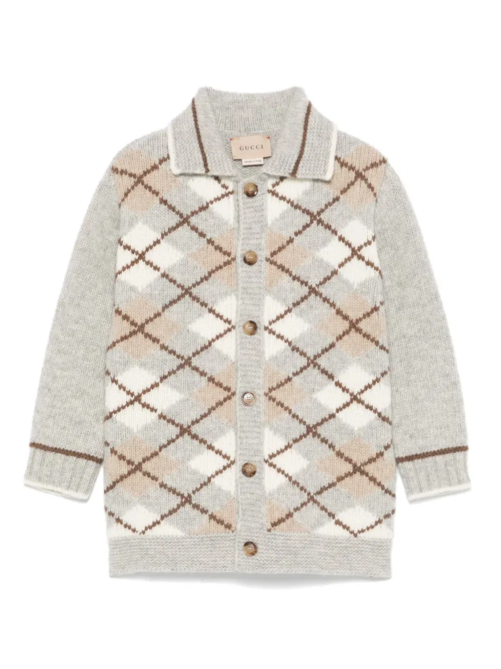 Шерстяной кардиган с ромбовидной вязкой Gucci Kids, серый