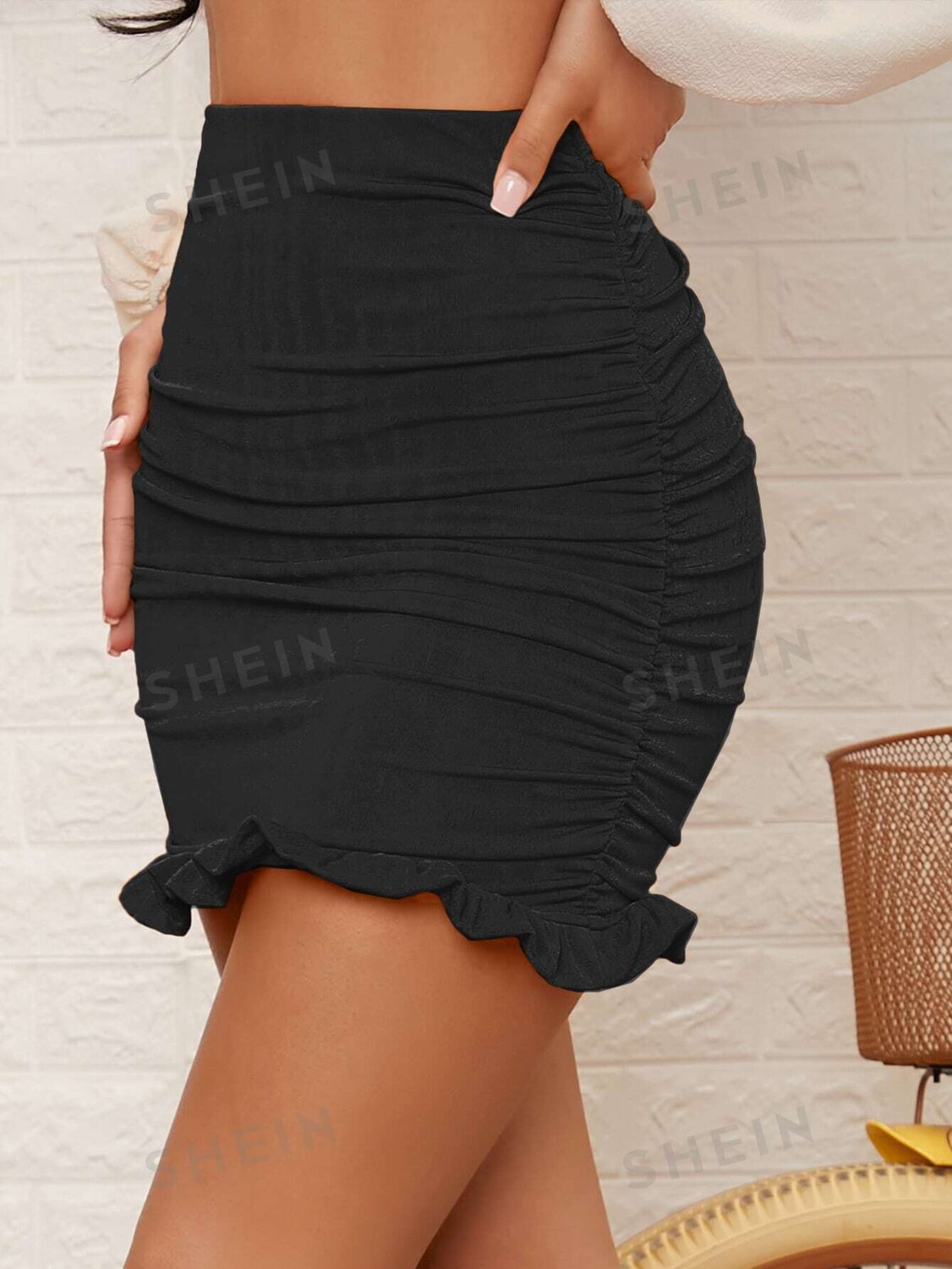 

BAE Узкая юбка, завышенная талия, рюши, неровные края Shein, черный