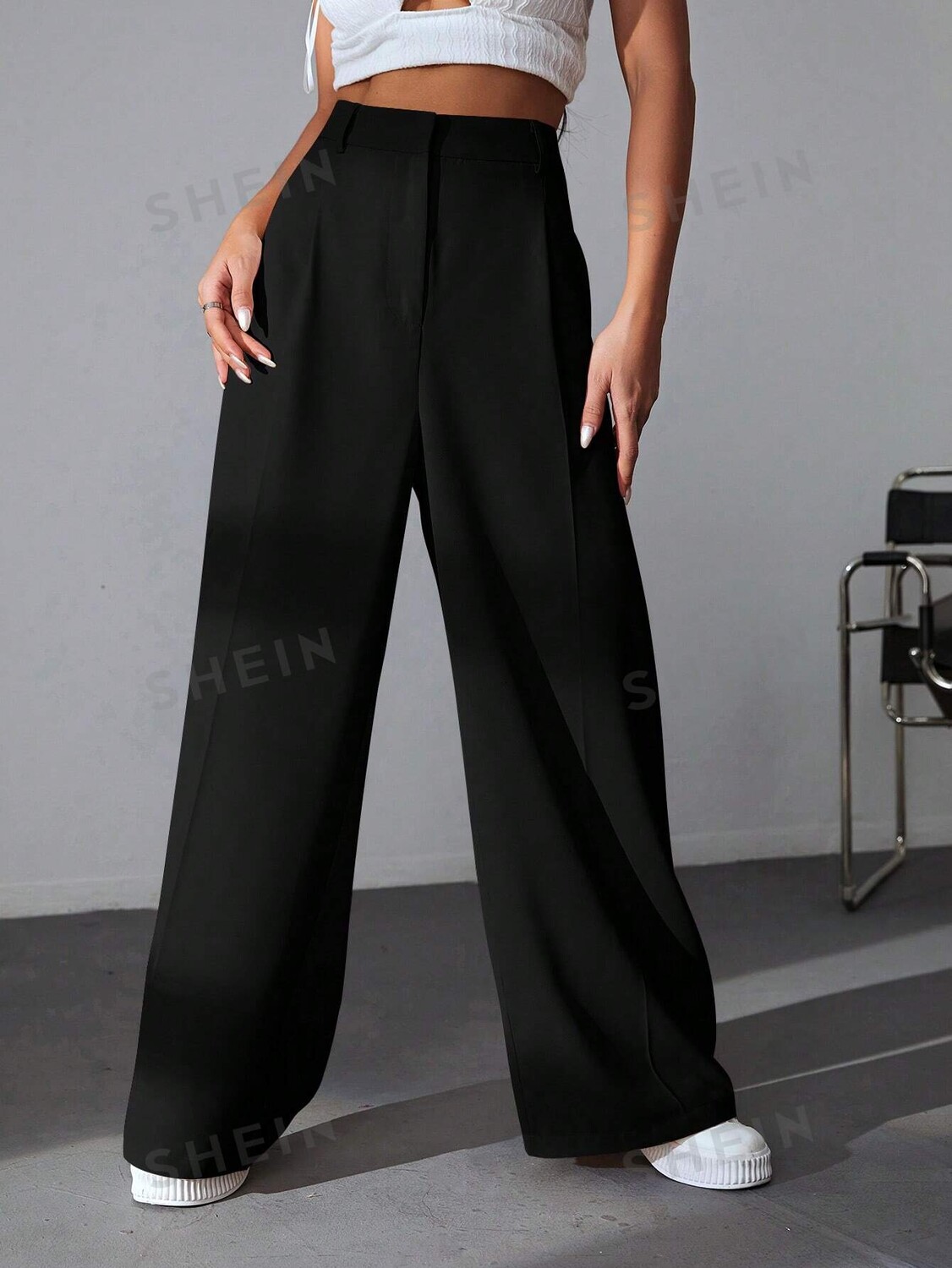 

Костюмные брюки EZwear, однотонные, широкие штанины Shein, черный