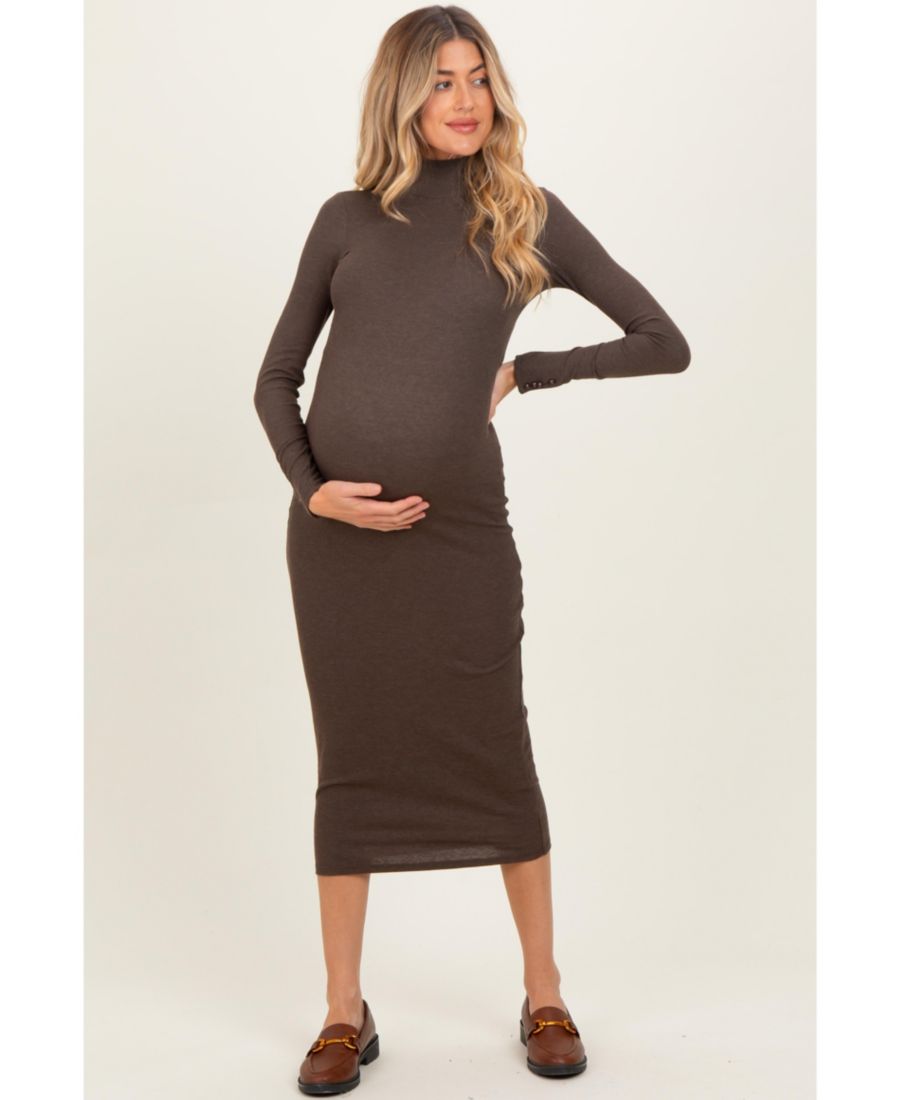 

Коричневое облегающее платье миди с высоким воротником и длинными рукавами в рубчик для беременных Pinkblush, Brown