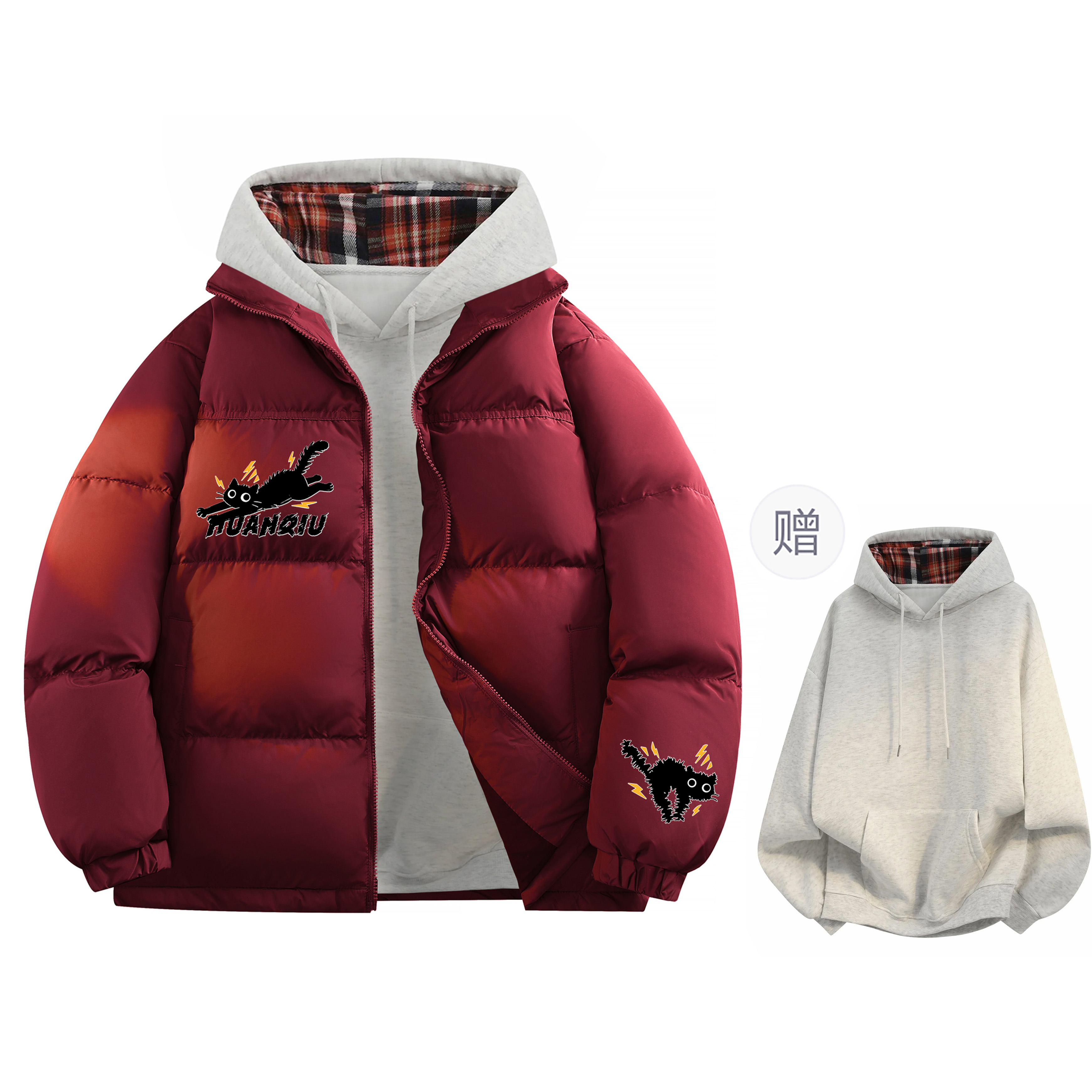 

Пуховик Unisex с воротником стойкой утепленный HUANQIU, burgundy (with plaid top included)
