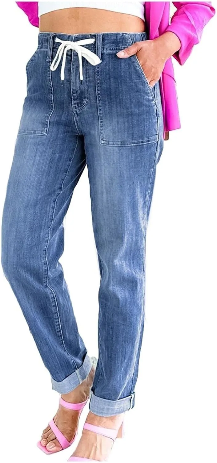 

2025 Women's Plus Size Stretch High Waist Drawstring Loose Straight Leg Soft Comfortable Jeans with Pockets(3-Dark Blue,XX-Large)