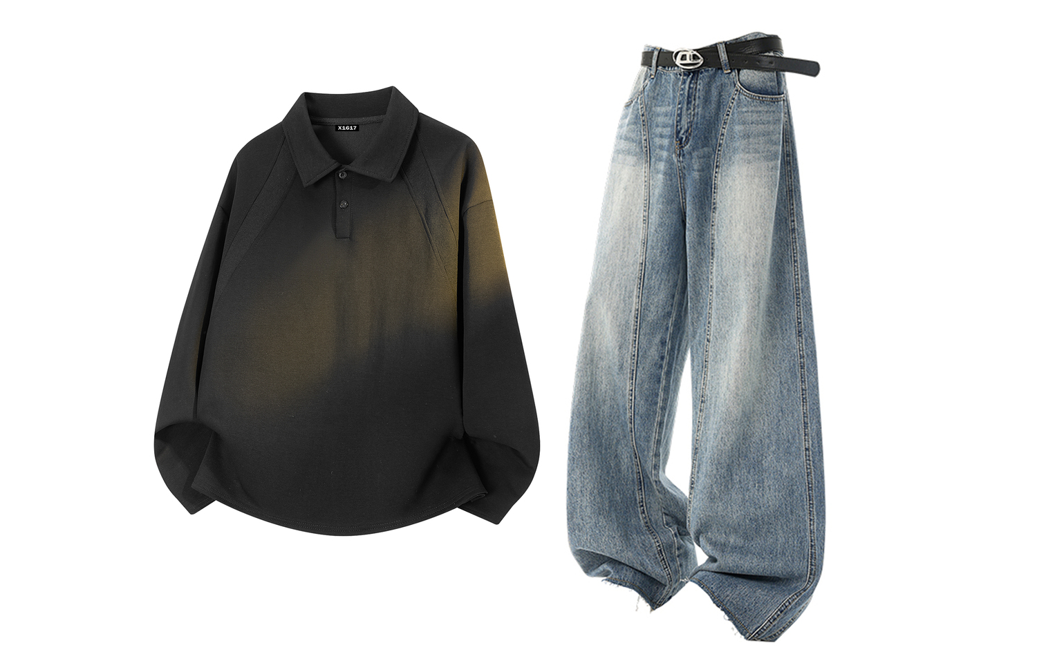 

Повседневная спортивная одежда Unisex с лацканом Lapel Moderate X1617, черный top+синий jeans