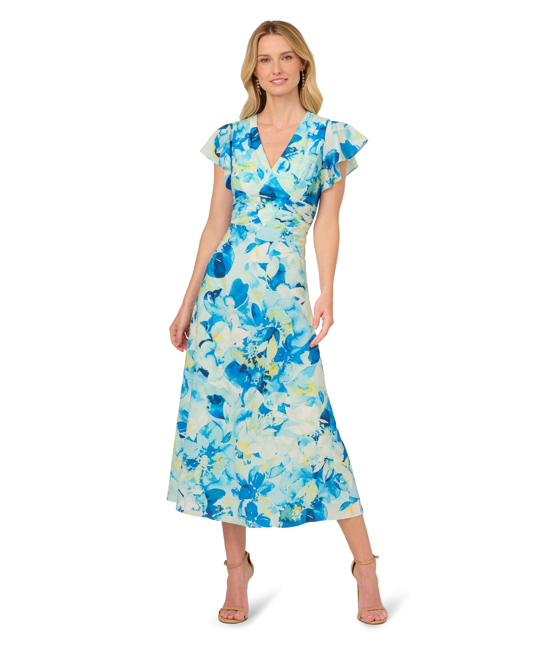 

Платье Adrianna Papell Printed Flutter Ankle Dress, синий мульти
