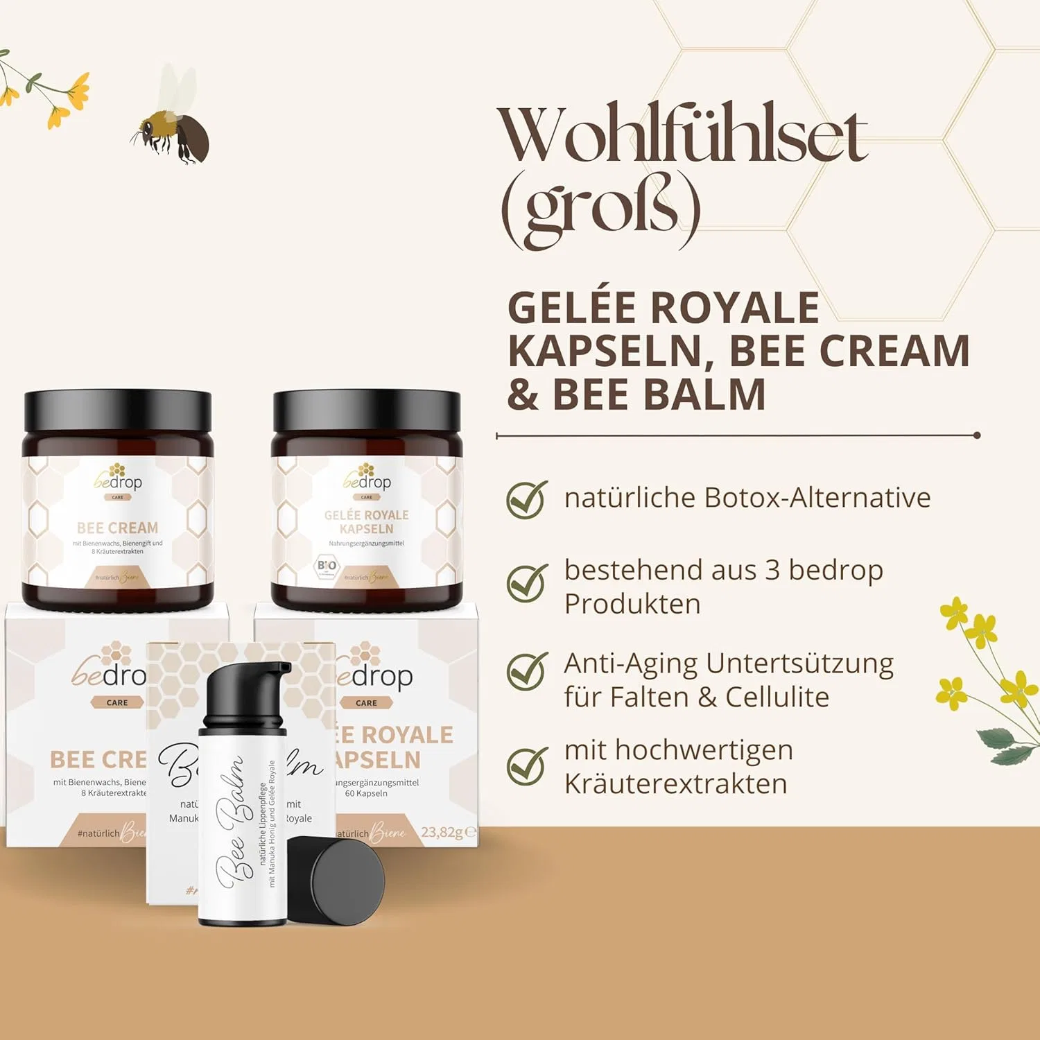 Набор bedrop Feel-good (большой): крем с пчелиным ядом, капсулы с маточным молочком, бальзам для губ Bedrop — фото 2