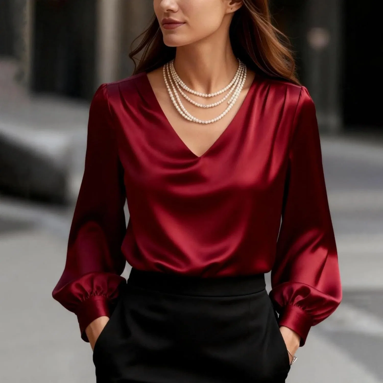 Блуза сатиновая, женская, Button-Down Shirt, красный — фото 2