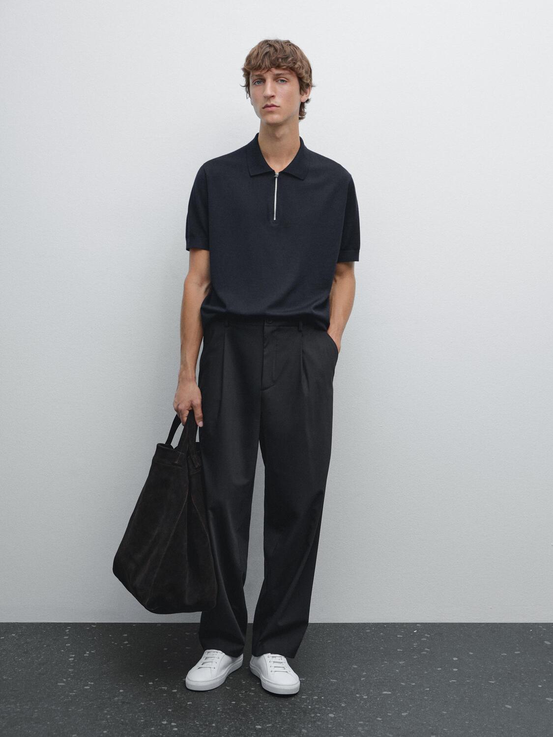 

Трикотажная рубашка-поло с воротником-молнией Massimo Dutti, темно-синий