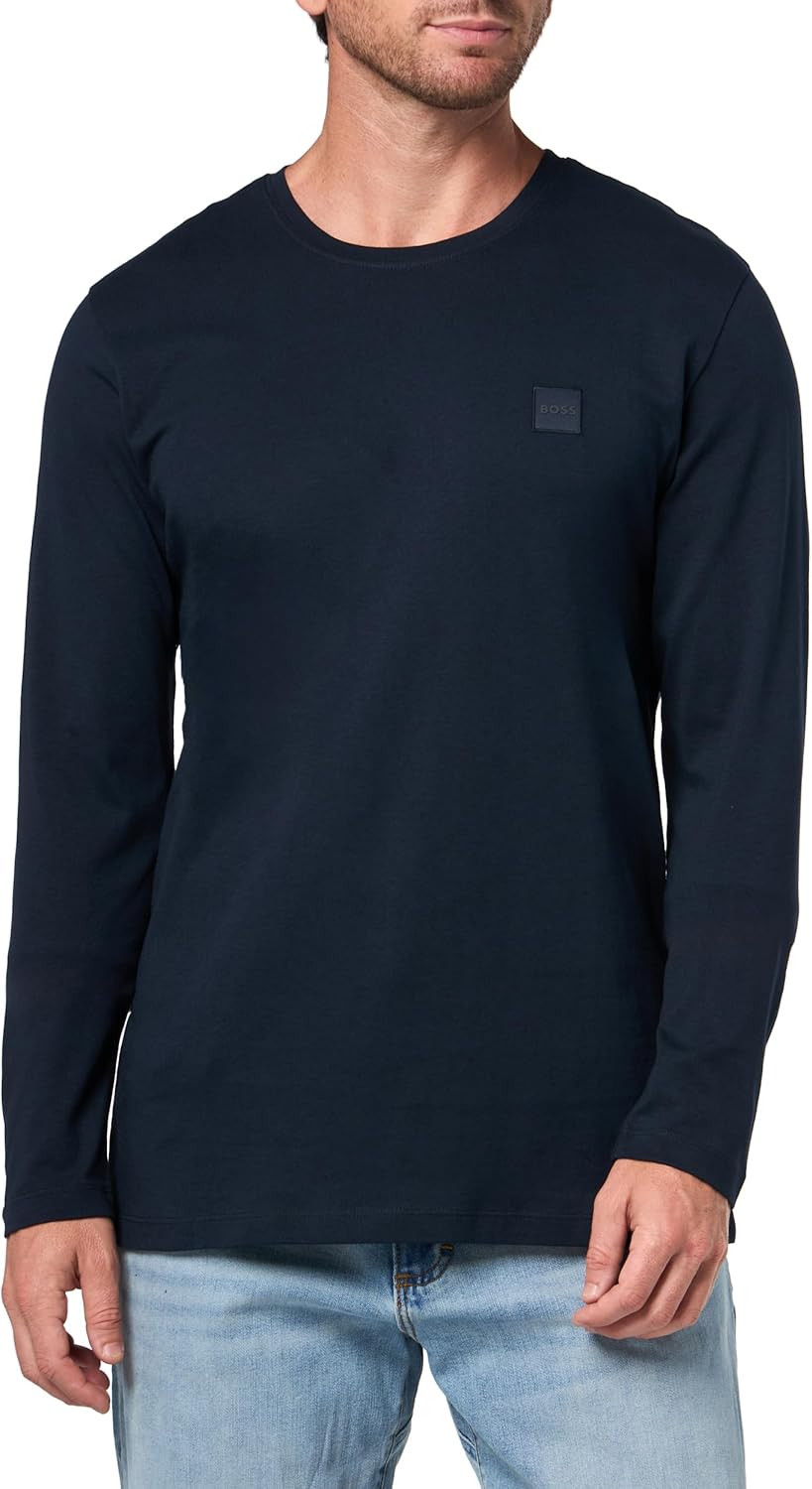 

BOSS Мужская футболка с длинным рукавом и маленьким квадратным логотипом, Navy Zone, Синий, BOSS Мужская футболка с длинным рукавом и маленьким квадратным логотипом, Navy Zone
