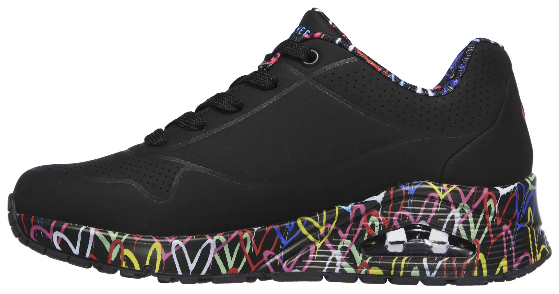 Кроссовки Skechers на танкетке "UNO-LOVING LOVE", с классным принтом граффити, повседневная обувь, полуботинки, туфли на шнуровке, черный — фото 4