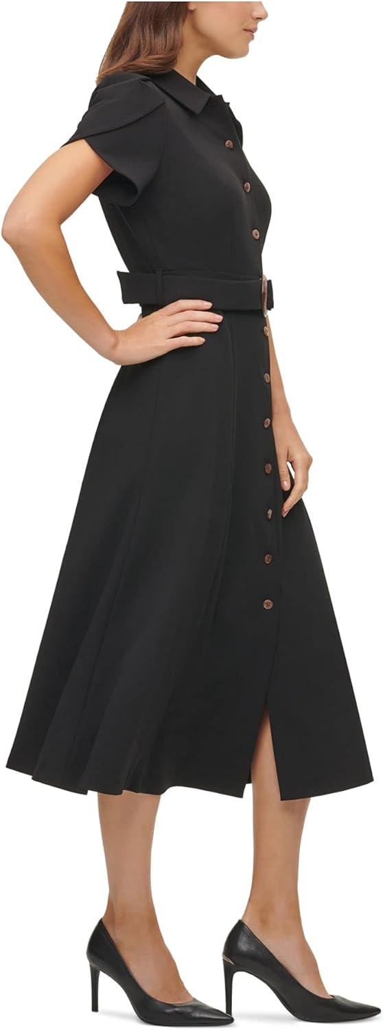Женское платье-трапеция Calvin Klein из крепа с короткими рукавами, Black — фото 3