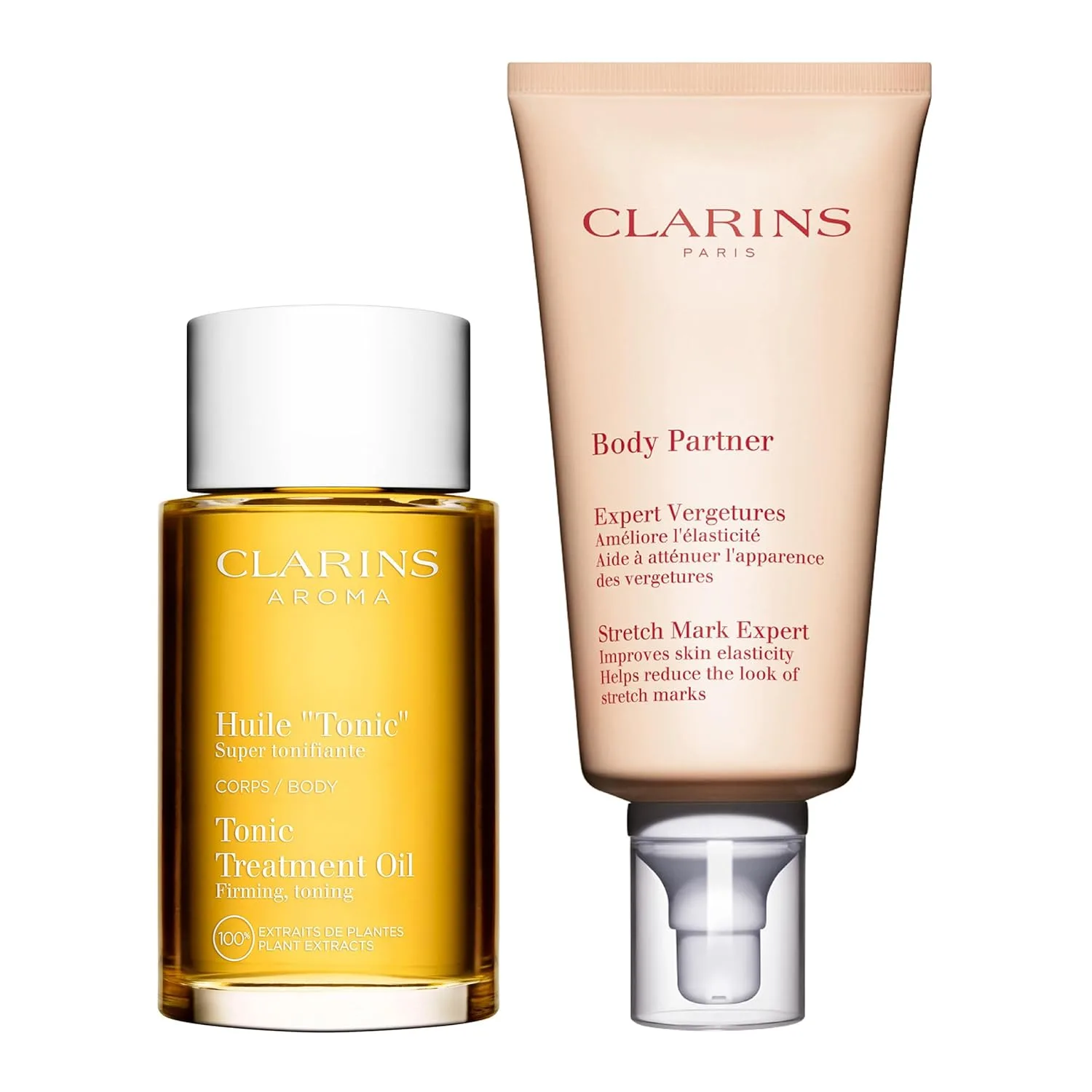 Clarins Tonic Body Treatment Oil и Body Partner Stretch Mark Expert набор: масло и крем от растяжек для упругости и тонуса, с натуральными растительными экстрактами, для всех типов кожи, Green