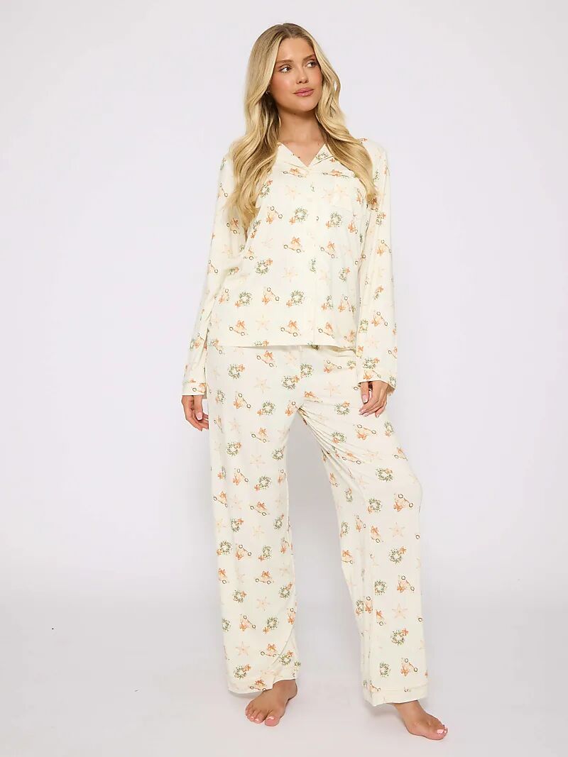 

Пижамный комплект из нейтральной рождественской рубашки с пуговицами и длинных брюк кремового цвета