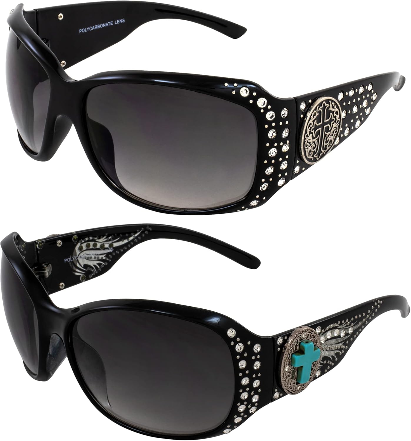 

Женские модные солнцезащитные очки для верховой езды Rodeo Queen (2 пары) в черной оправе с металлическим крестообразным элементом, стразами и линзами с дымчатым градиентом, Black-smoke